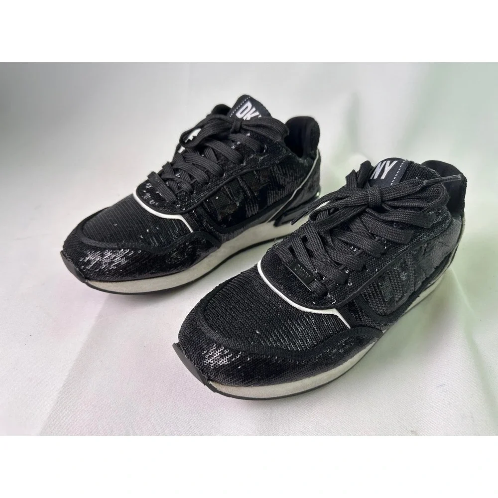 DKNY Women's Size 7.5 M Black Sequin Lace Up Sneakers Fashion Sparkle Athleisure